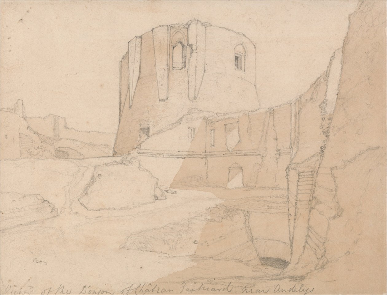 Udsigt over Donjon fra Chateau Gaillard, nær Andelys, Normandiet af John Sell Cotman