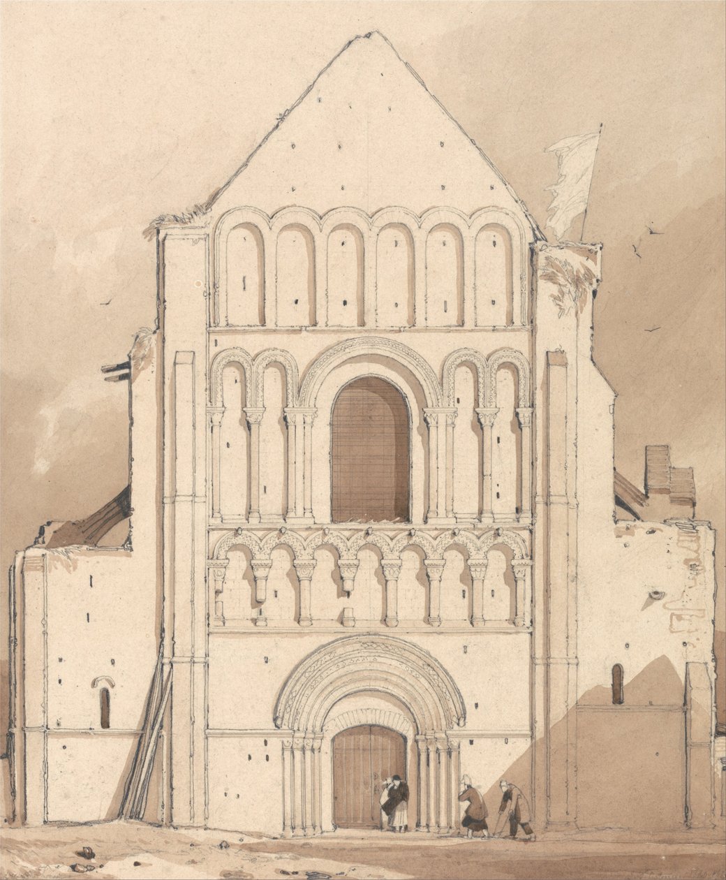 Vestfronten for kirken Ouistreham (Ouistreham), nær Caen, Normandiet af John Sell Cotman