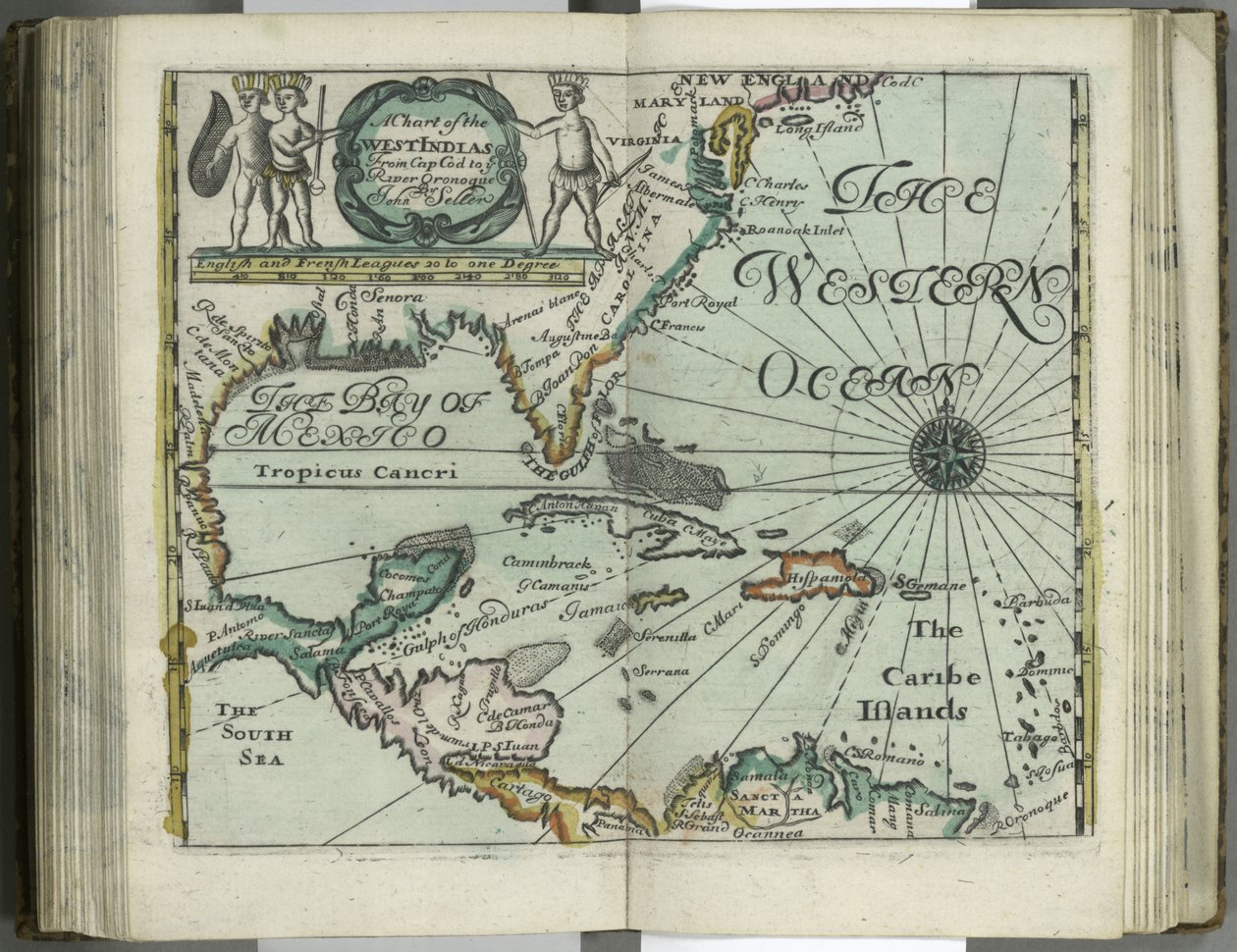 Et kort over Vestindien fra Cape Cod til floden Oronoque fra Atlas maritimus af John Seller, 1682 (håndfarvet gravering) af John Seller