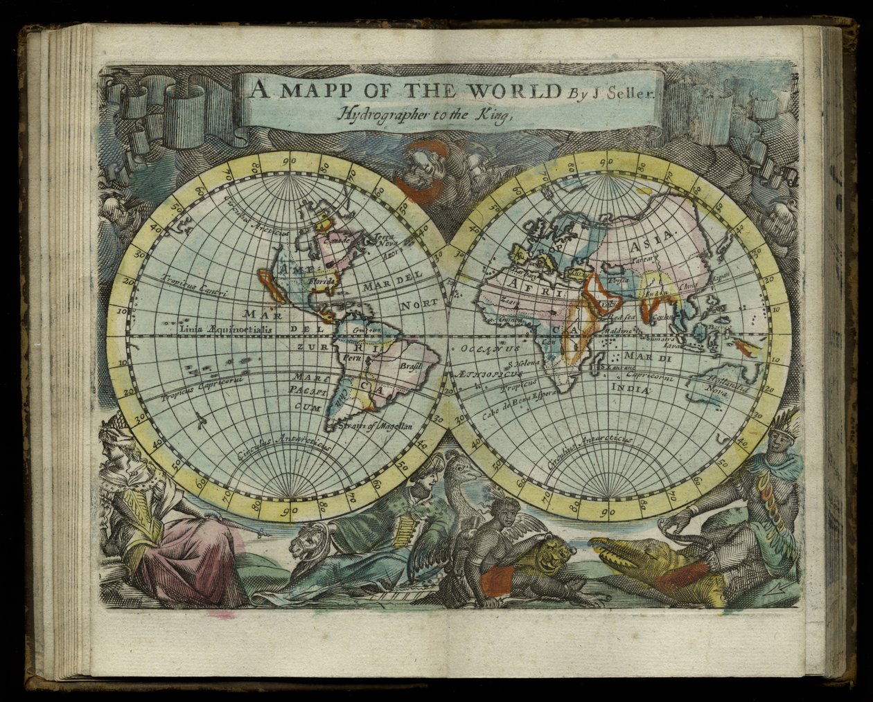 Et kort over verden fra Atlas maritimus af John Seller, 1682 (håndfarvet gravering) af John Seller