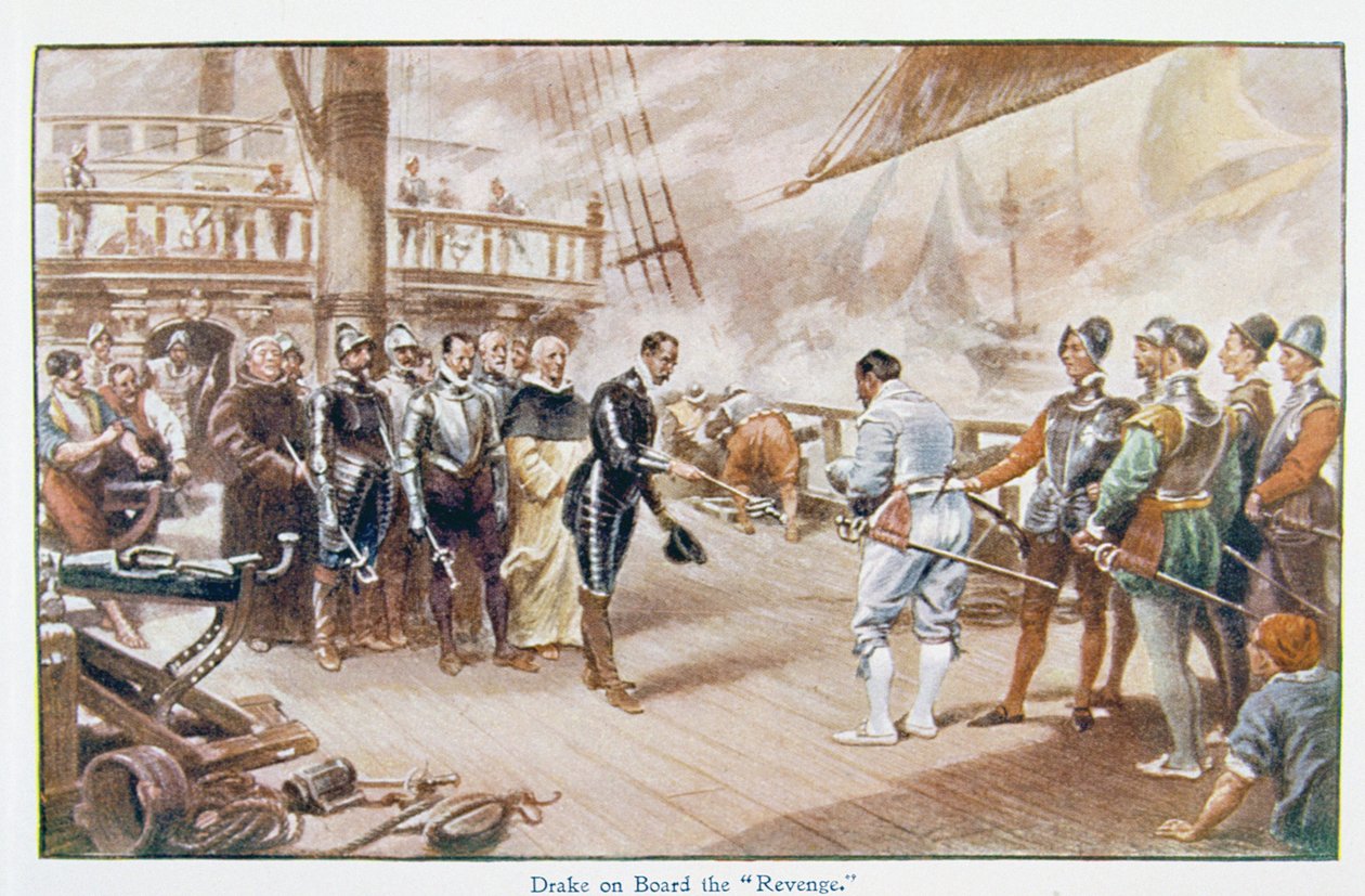 Sir Francis Drake (ca. 1540-96) om bord på 