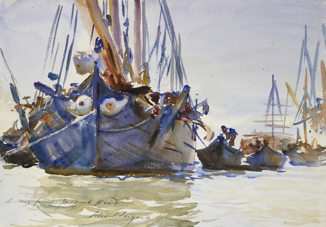 Italienske sejlerfartøjer ved anker (akvarel over angivelser i grafit på groft papir) af John Singer Sargent