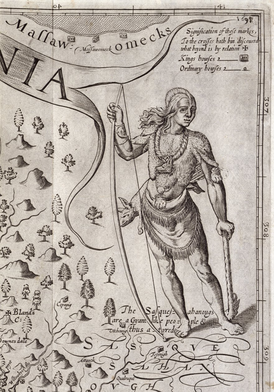 Susquehannock kriger, detalje fra kort over Virginia, indgraveret af William Hole (fl. 1607-24), udgivet 1612 (se 174211) af John Smith 2