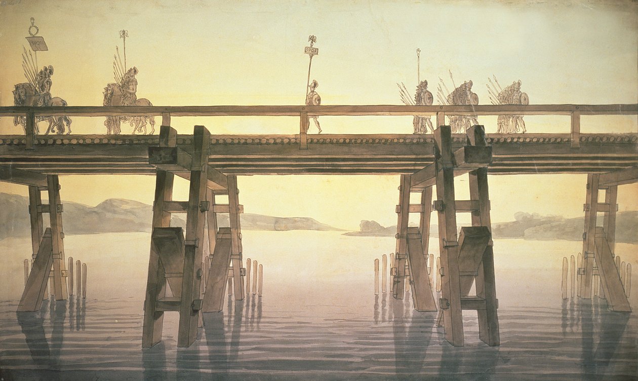 Il Ponte di Cesare, 1814 (pen og blæk med wc på papir) af John Soane