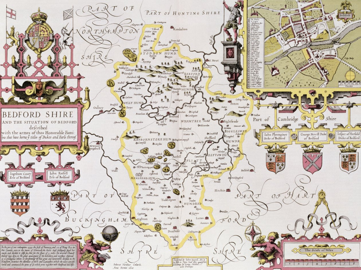 Bedfordshire og situationen i Bedford, indgraveret af Jodocus Hondius (1563-1612) fra John Speeds 