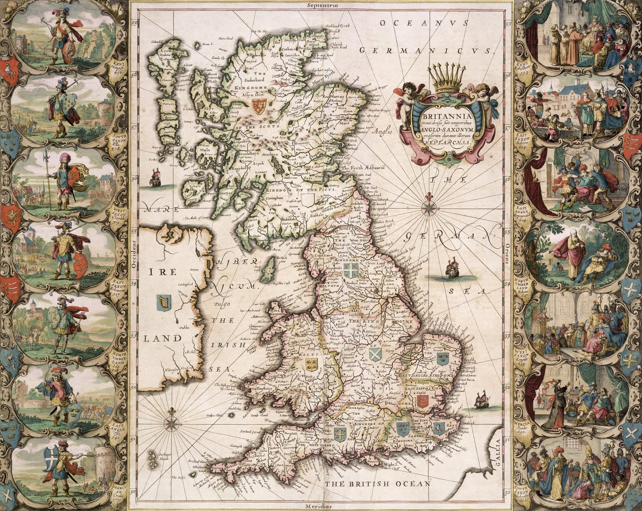 Storbritannien, som det blev besluttet i de engelske sakseres tid, 1616 (farvegravering) af John Speed
