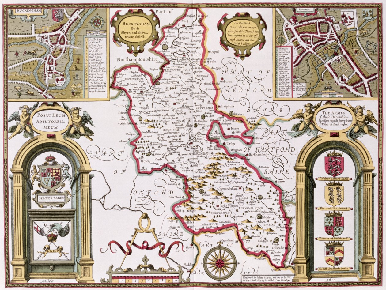 Buckinghamshire, indgraveret af Jodocus Hondius (1563-1612) fra John Speeds 