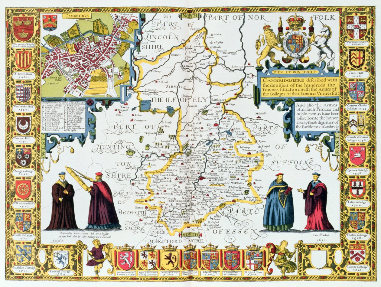 Cambridgeshire, indgraveret af Jodocus Hondius (1563-1612) fra John Speeds 