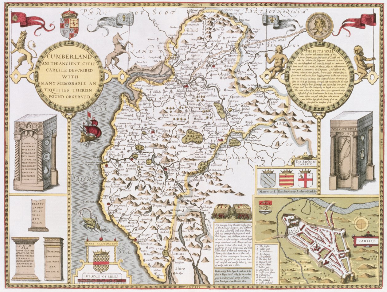 Cumberland and the Ancient City of Carlile, indgraveret af Jodocus Hondius (1563-1612) fra John Speeds 