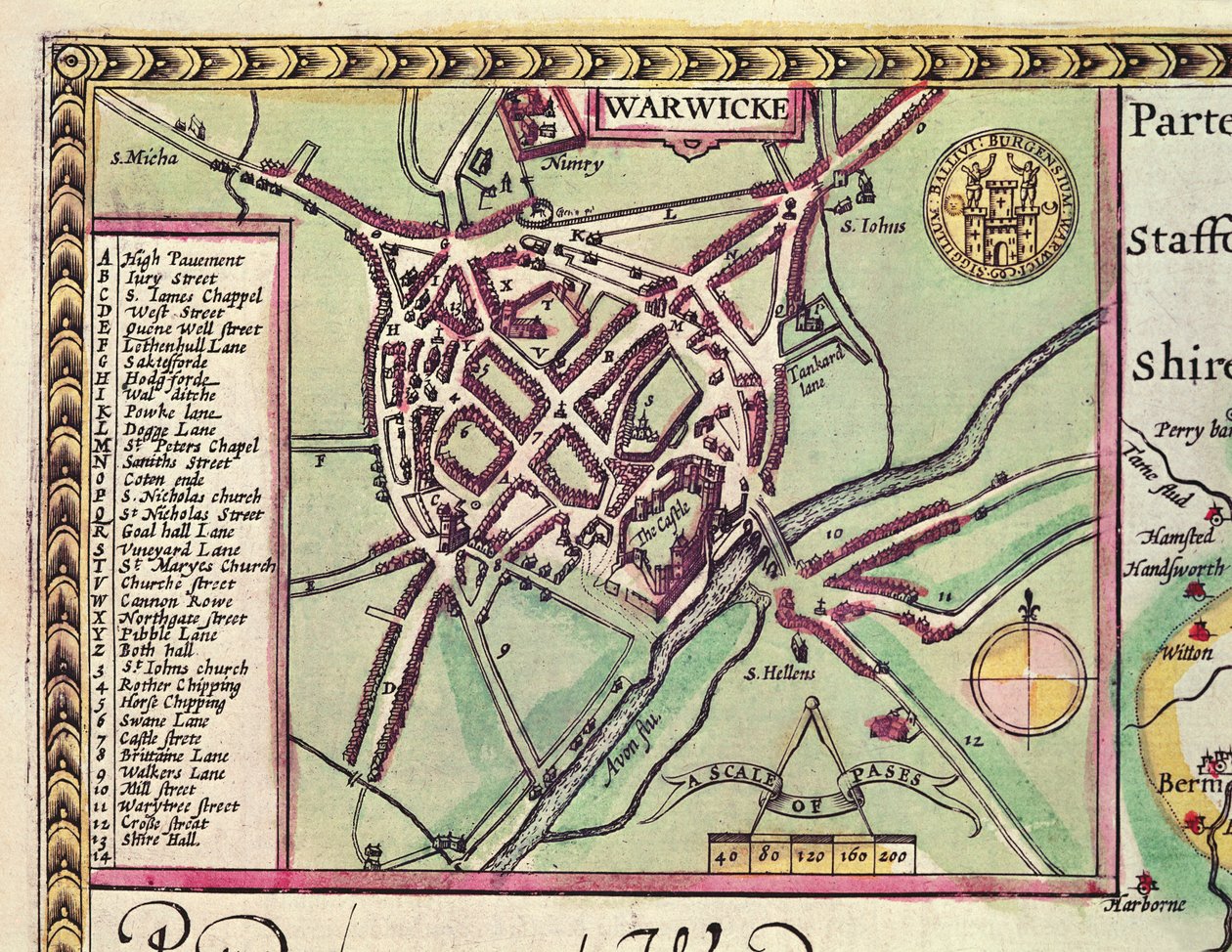 Detalje af Warwick, fra The County of Warwick, Shire Town og City of Coventry, fra John Speeds 