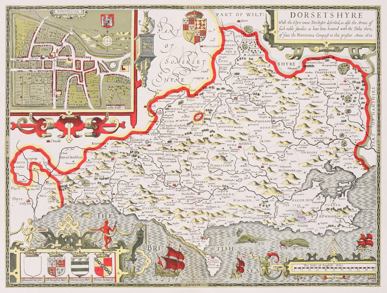 Dorsetshire, indgraveret af Jodocus Hondius (1563-1612) fra John Speed