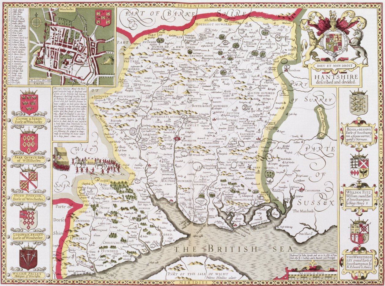 Hantshire, indgraveret af Jodocus Hondius (1563-1612) fra John Speeds 