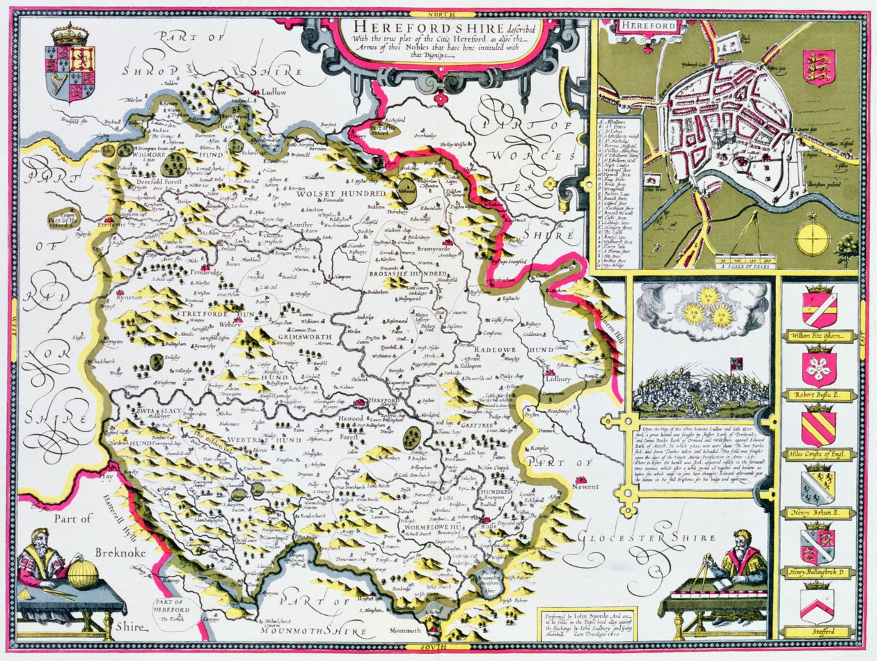 Herefordshire, indgraveret af Jodocus Hondius (1563-1612) fra John Speeds 