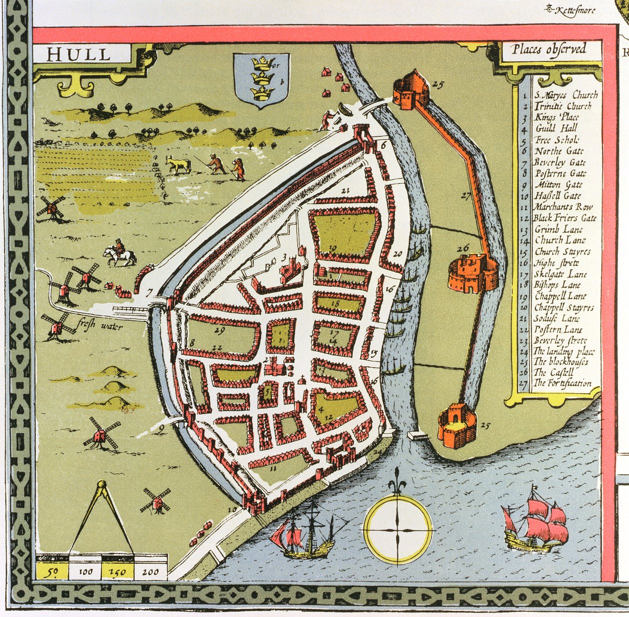 Skrog, detalje fra kortet over North and East Ridings of Yorkshire, indgraveret af Jodocus Hondius (1563-1612) fra John Speeds 