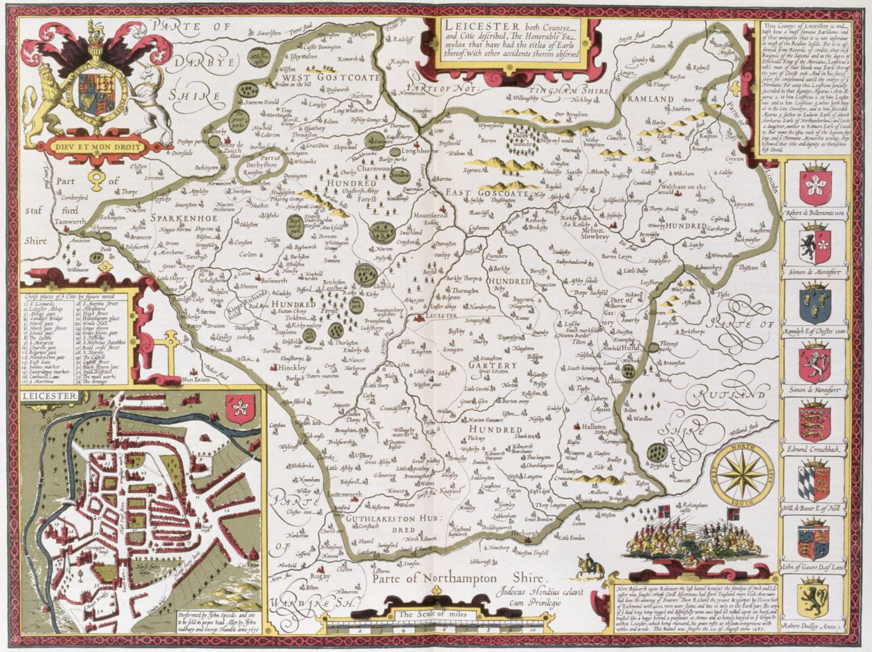 Leicester, indgraveret af Jodocus Hondius (1563-1612) fra John Speeds 