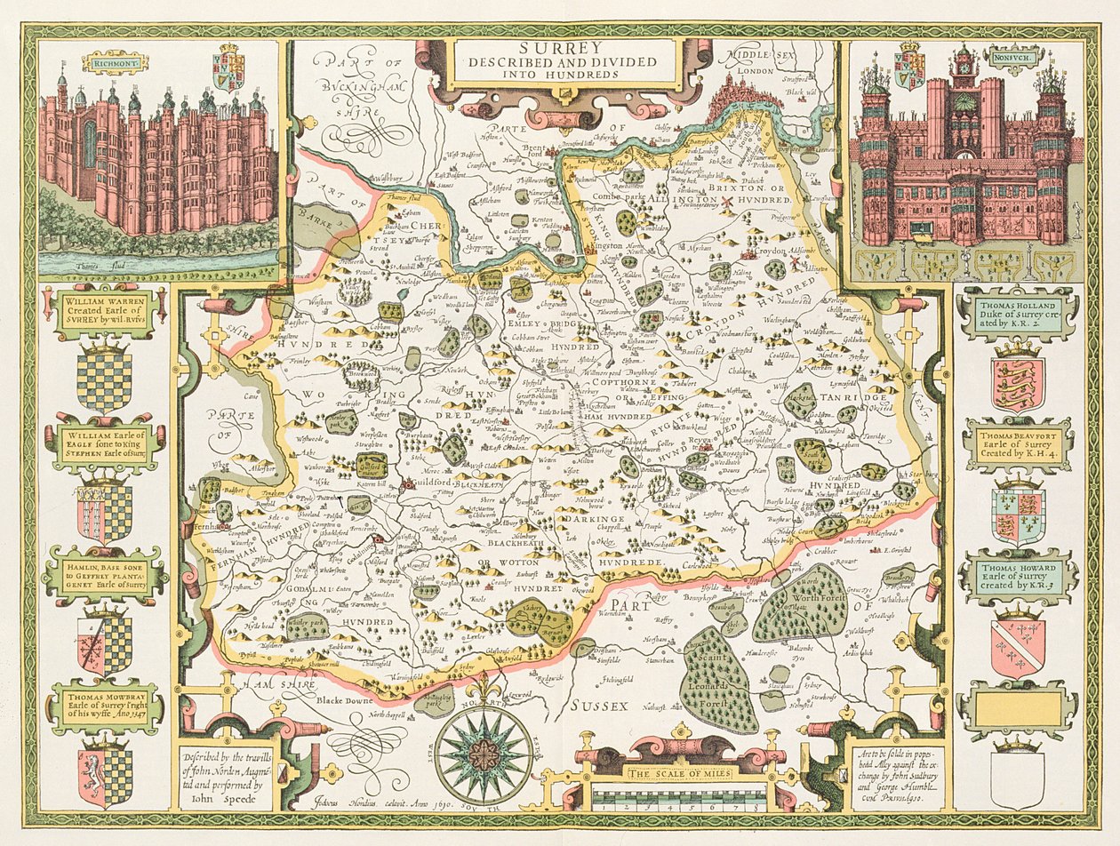 Kort over Surrey, indgraveret af Jodocus Hondius (1563-1612) fra John Speed
