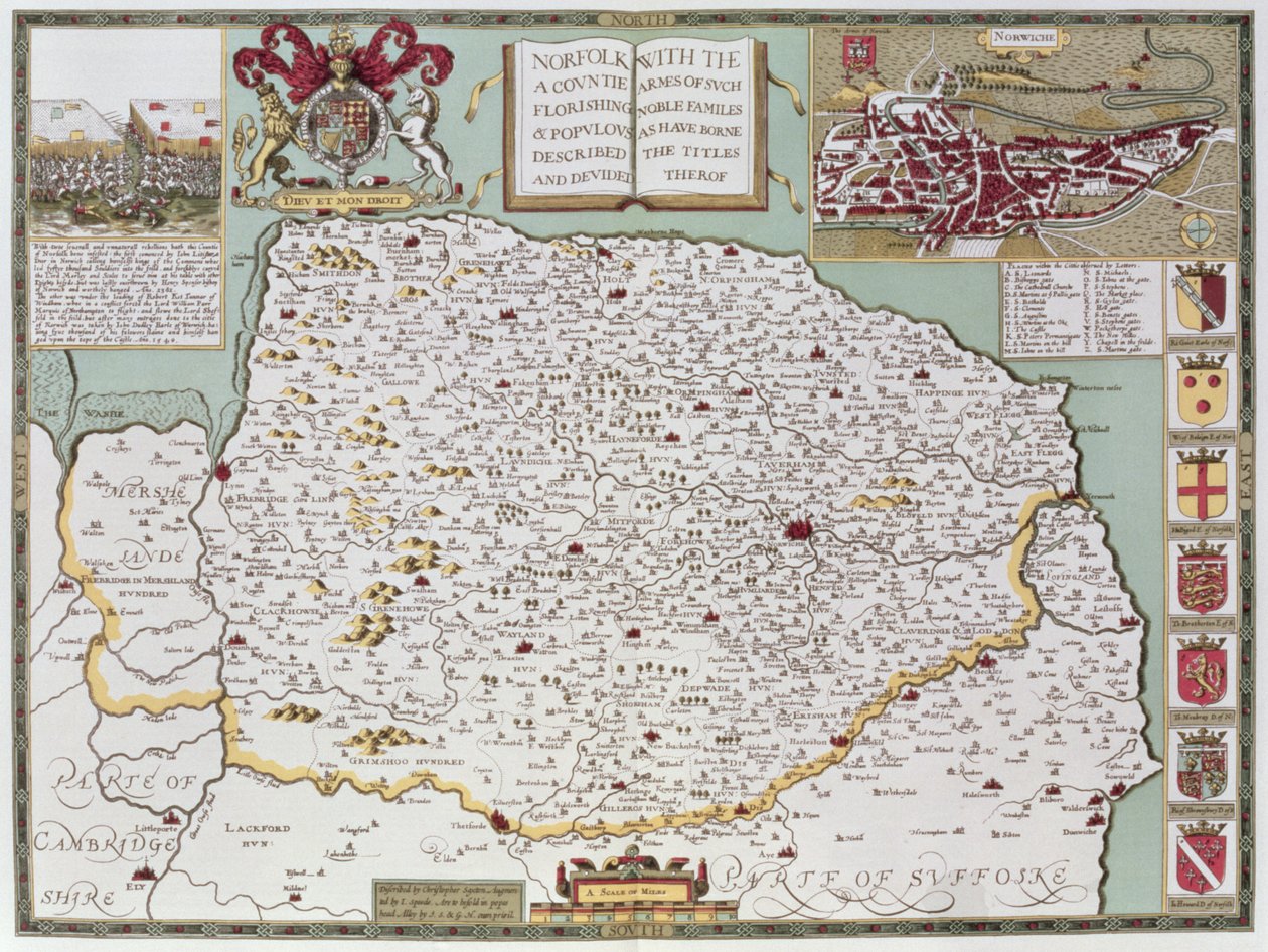 Norfolk, indgraveret af Jodocus Hondius (1563-1612) fra John Speeds 