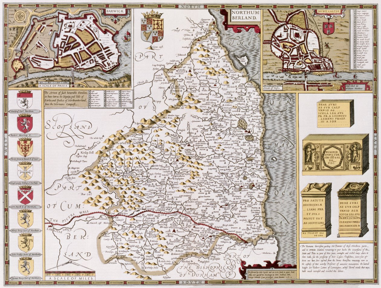 Northumberland, indgraveret af Jodocus Hondius (1563-1612) fra John Speeds 
