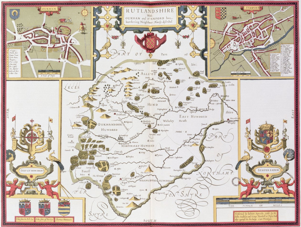 Rutlandshire med Oukham og Stanford, indgraveret af Jodocus Hondius (1563-1612) fra John Speeds 
