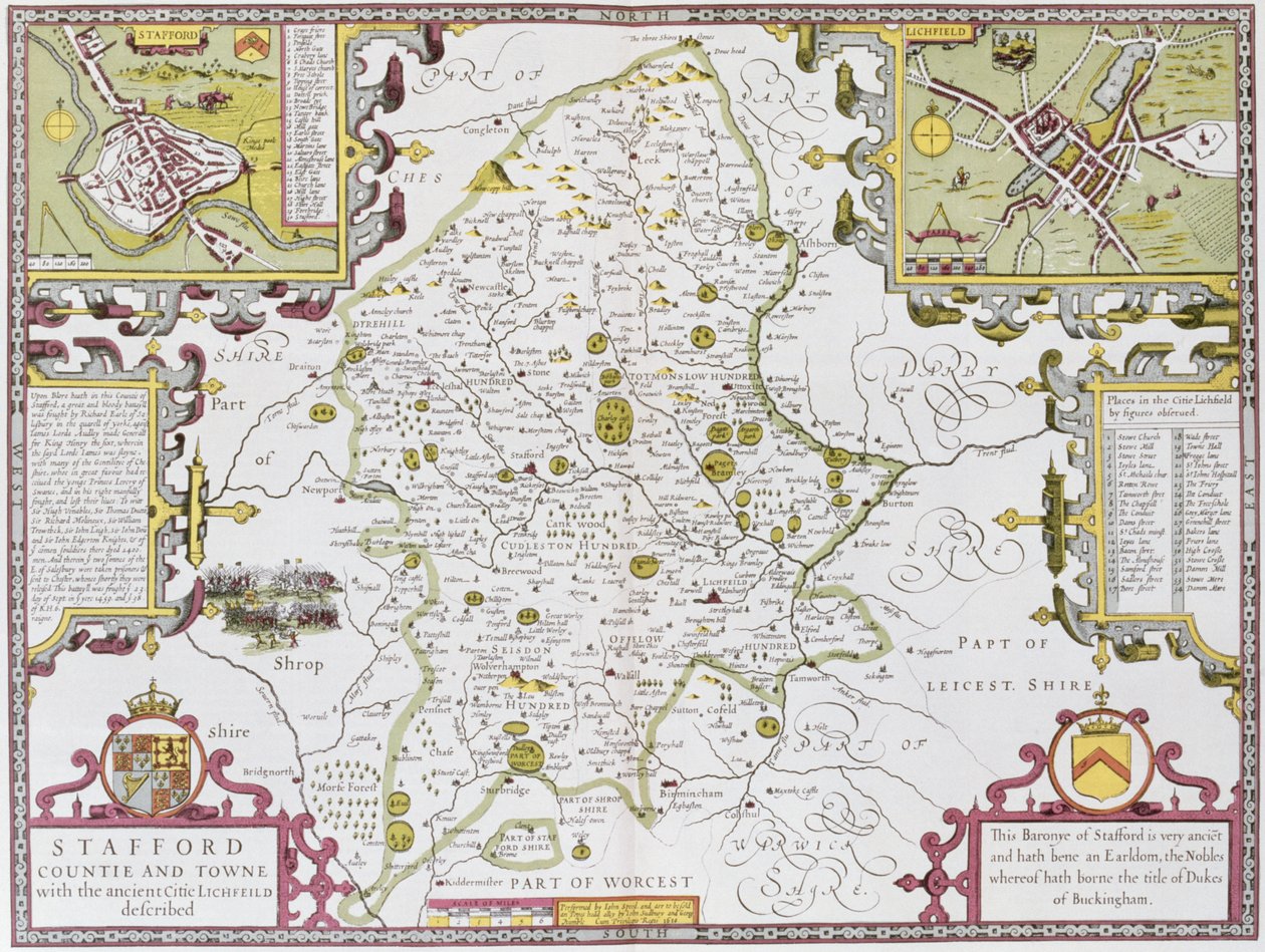 Stafford County and Town, indgraveret af Jodocus Hondius (1563-1612) fra John Speeds 