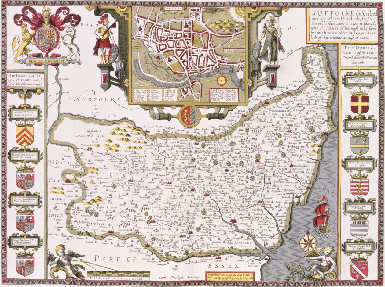 Suffolk og situationen i Ipswich, indgraveret af Jodocus Hondius (1563-1612) fra John Speeds 