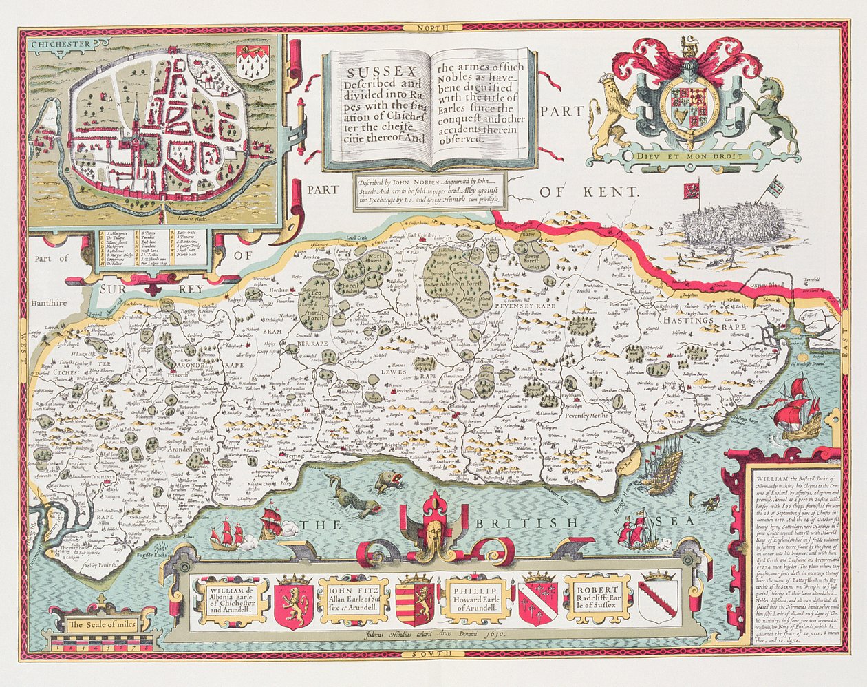 Sussex, indgraveret af Jodocus Hondius (1563-1612) fra John Speed