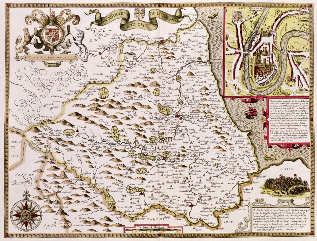 The Bishoprick and City of Durham, indgraveret af Jodocus Hondius (1563-1612) fra John Speeds 