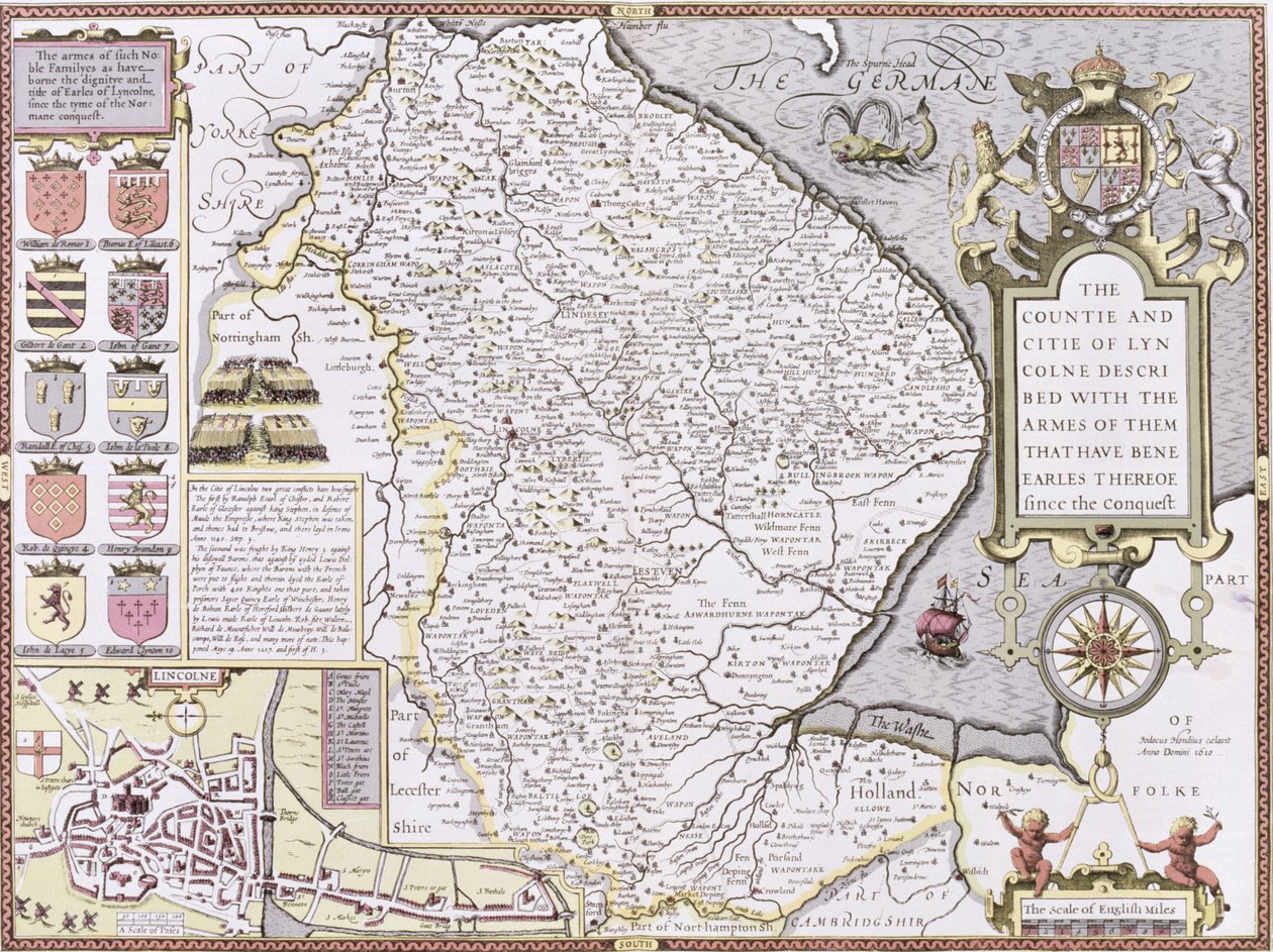 The Countie and Citie of Lyncolne, graveret af Jodocus Hondius (1563-1612) fra John Speed