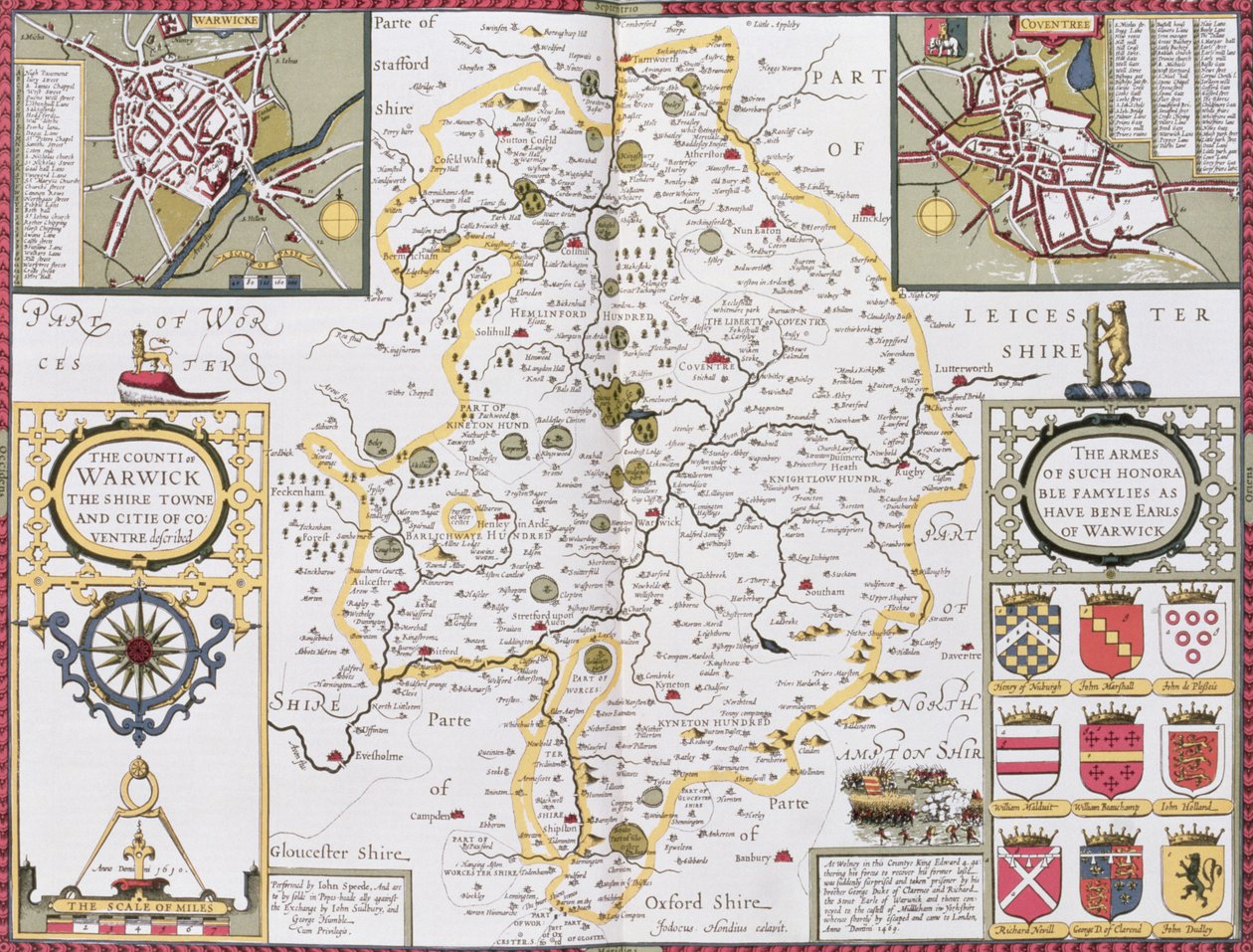 The County of Warwick, the Shire Town and the City of Coventry, graveret af Jodocus Hondius (1563-1612) fra John Speed