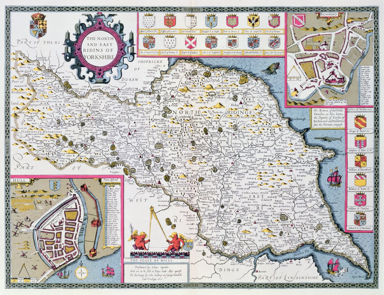 The North and East Ridings of Yorkshire, indgraveret af Jodocus Hondius (1563-1612) fra John Speeds 