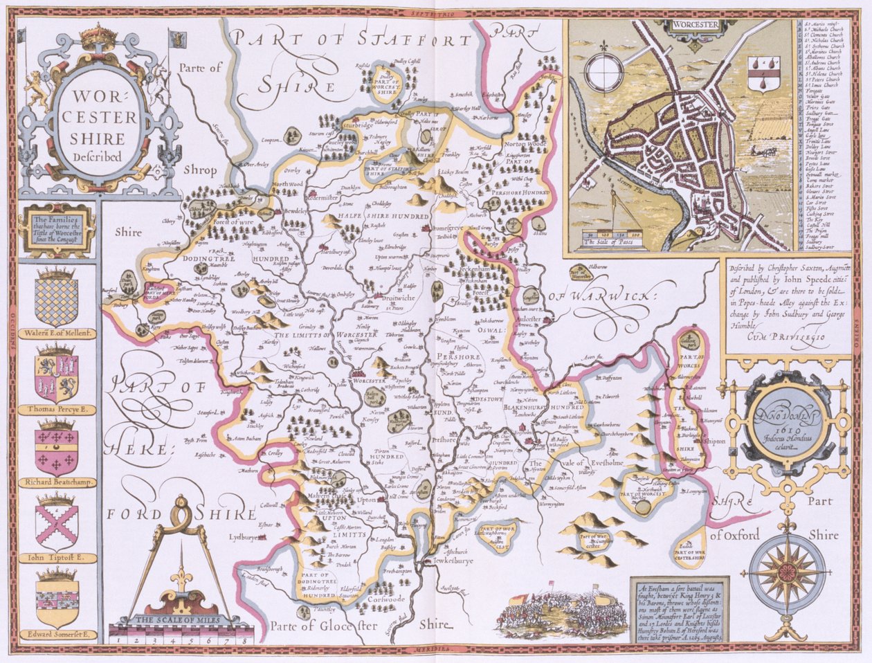 Worcestershire, indgraveret af Jodocus Hondius (1563-1612) fra John Speeds 