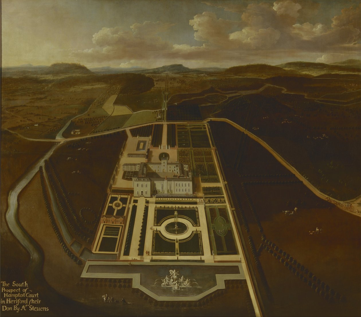 Sydlige udsigt til Hampton Court, Herefordshire af John Stevens