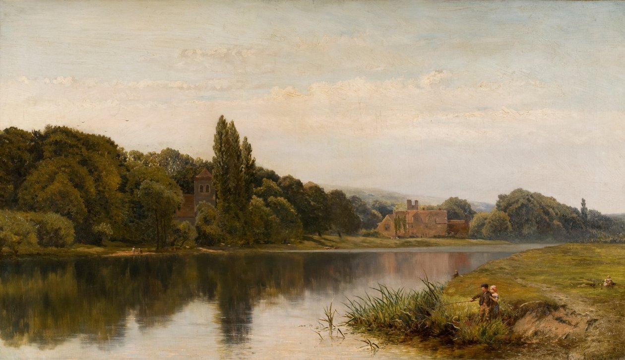Sommertid på Themsen, Bisham Church and Abbey, ca. 1875 af John Surtees