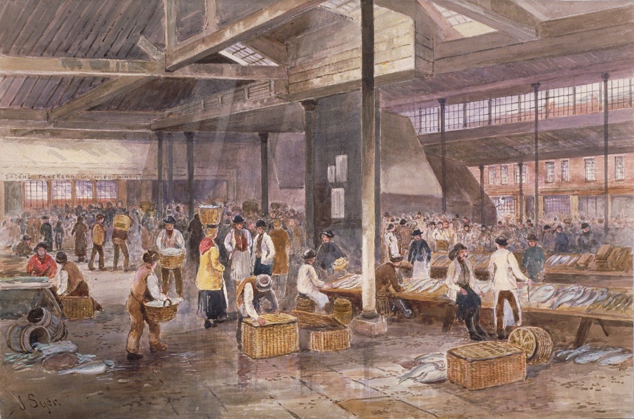Indvendigt billede af Billingsgate Fish Market, ca. 1849 af John Syer