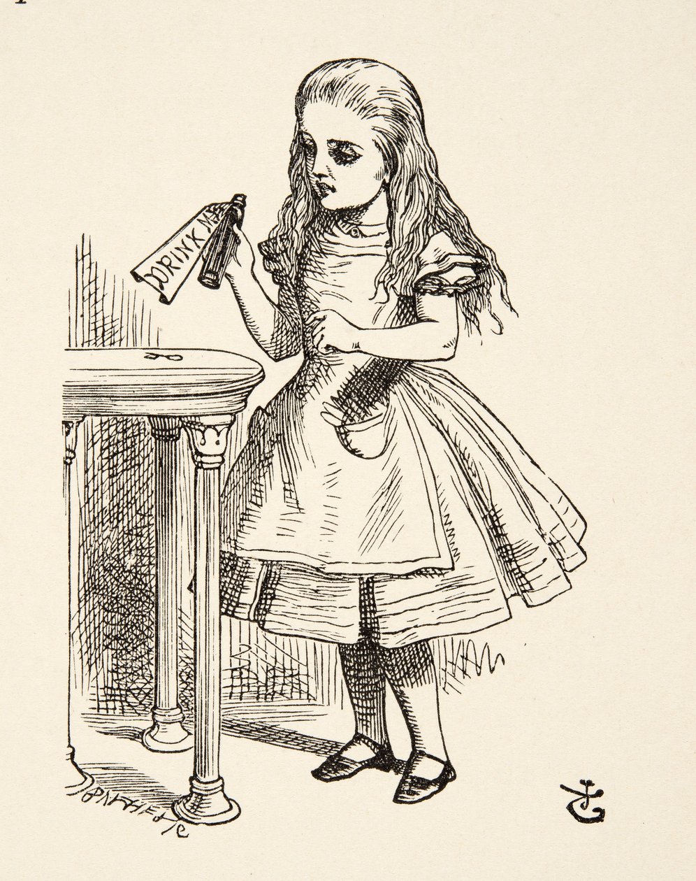 Alice kigger på Drink Me-flasken fra Alices Adventures in Wonderland af Lewis Carroll (1832 - 98), pub. 1891 af John Tenniel