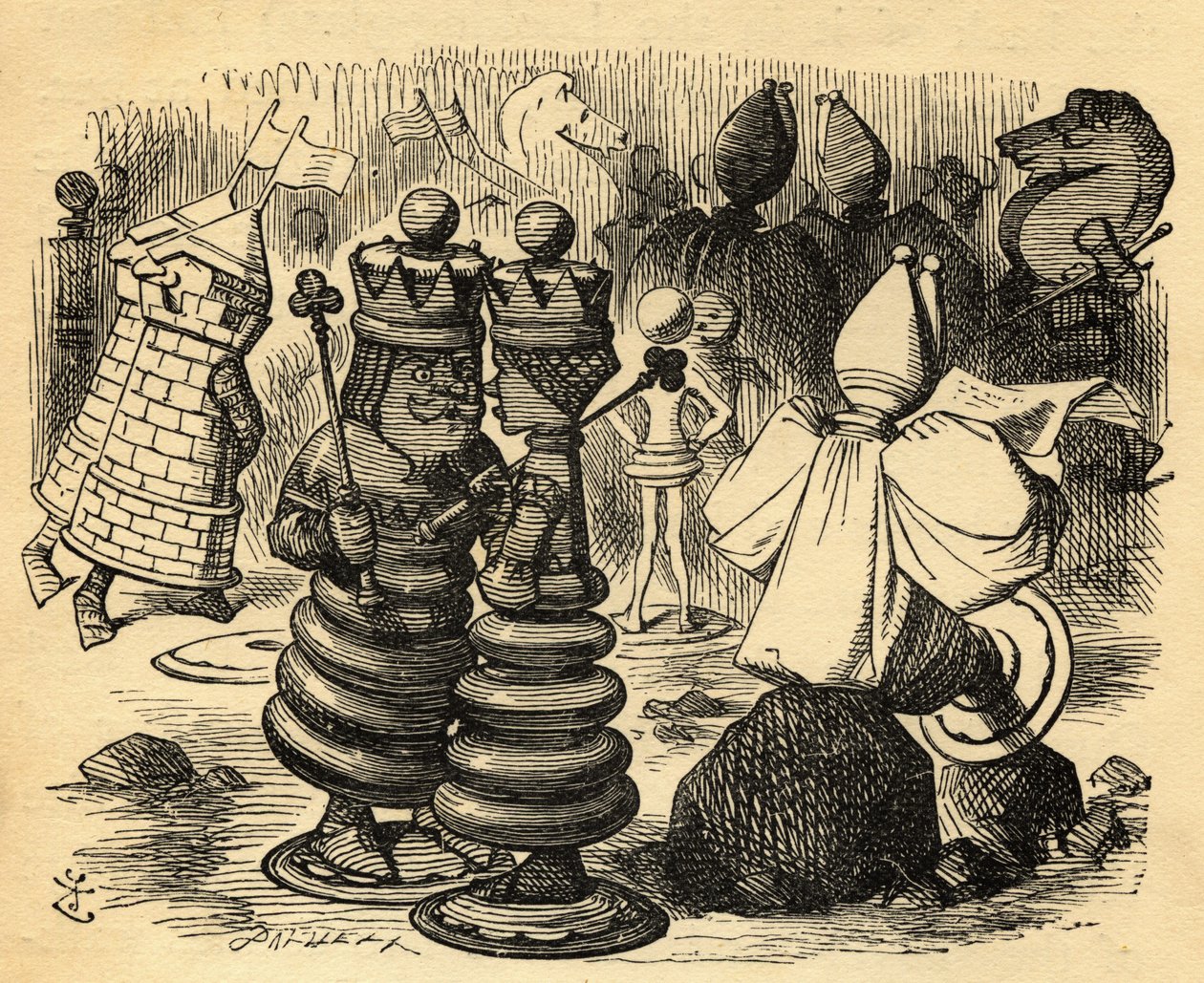 Skakspillerne, illustration fra "Gennem spejlet" af Lewis Carroll (1832-98), første gang udgivet i 1871 af John Tenniel