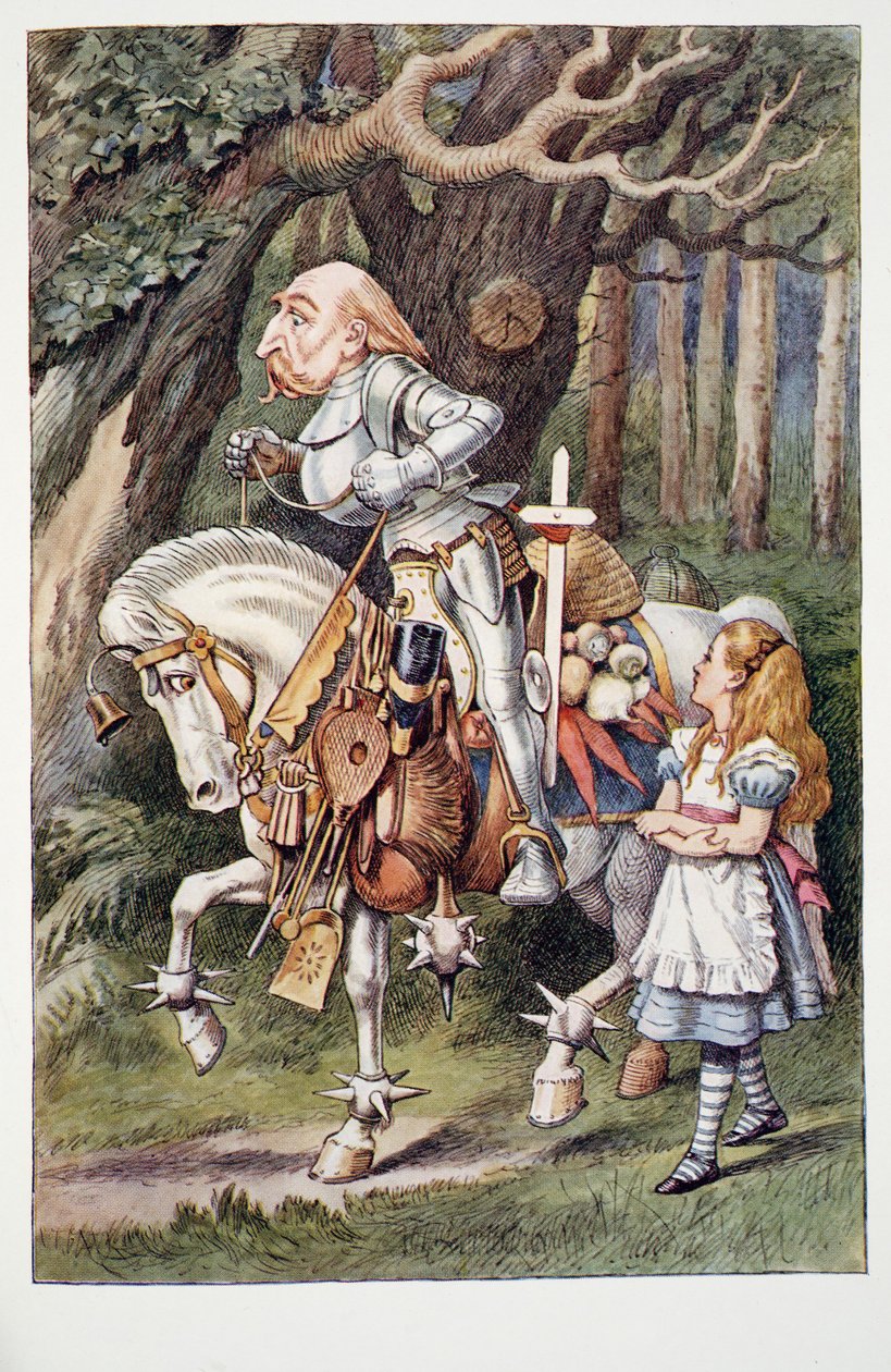 Den hvide ridder, Alices eventyr i eventyrland og gennem brillerne og hvad Alice fandt der, af Lewis Carroll (1832 - 98), udgivet 1911 (farvet litografi) af John Tenniel