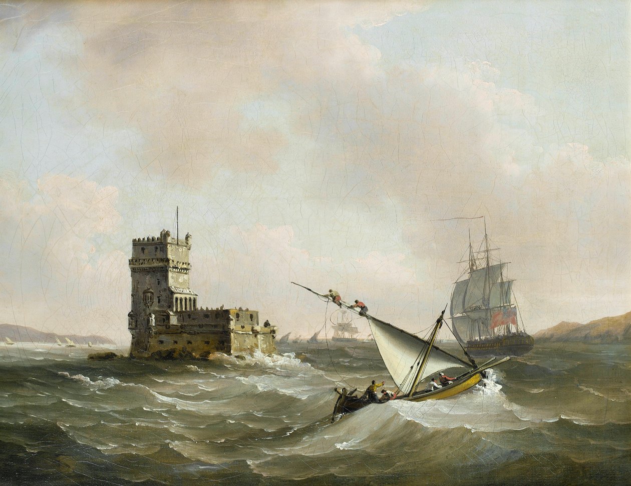 En engelsk fregat i hakket farvand i Tagus forbi Belem Tower af John Thomas Serres