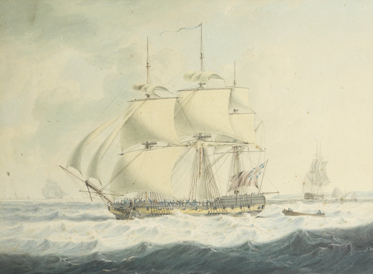 H.M.S. Dette løber ned ad kanalen under reduceret sejl under de hakkete forhold, med anden skibsfart i nærheden af John Thomas Serres