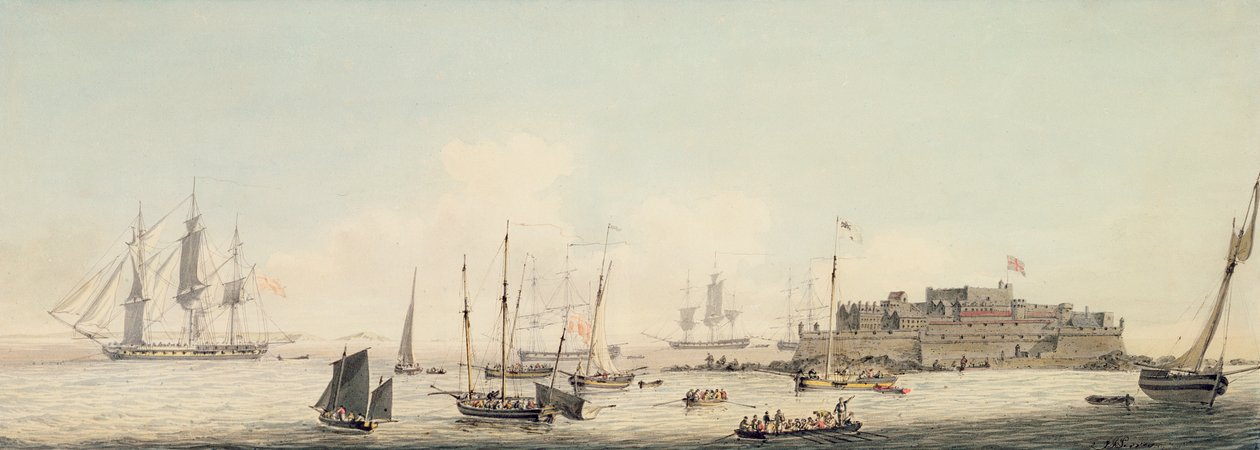 Udsigt over Castle Cornet, Guernsey, med forsendelse, ca. 1800 (wc med pen og sort blæk over grafit på papir) af John Thomas Serres
