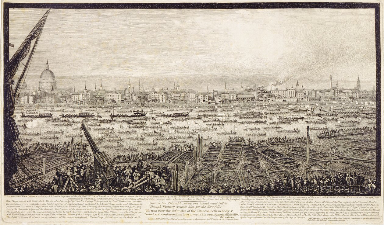 Lord Nelsons jordiske rester transporteret op ad Themsen fra Greenwich til Whitehall den 8. januar 1806 af John Thomas Smith