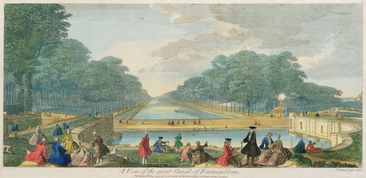 En udsigt over den store kanal i Fontainebleau, udgivet 1794 (farvegravering) af John Tinney