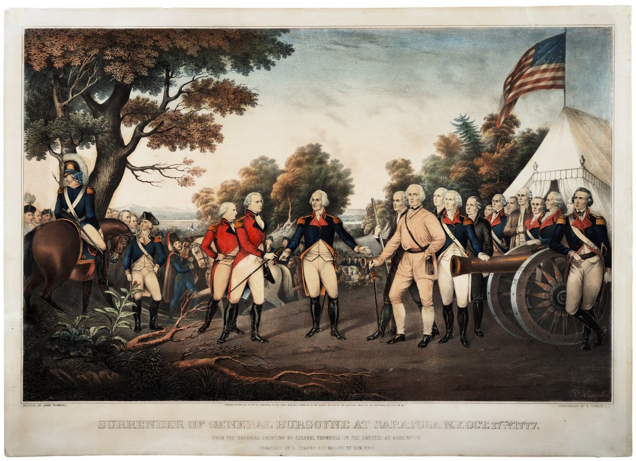 Overgivelse af general Burgoyne i Saratoga N.Y. 17. oktober 1777 New York, tryk lavet af Nathaniel Currier, 1852 af John Trumbull