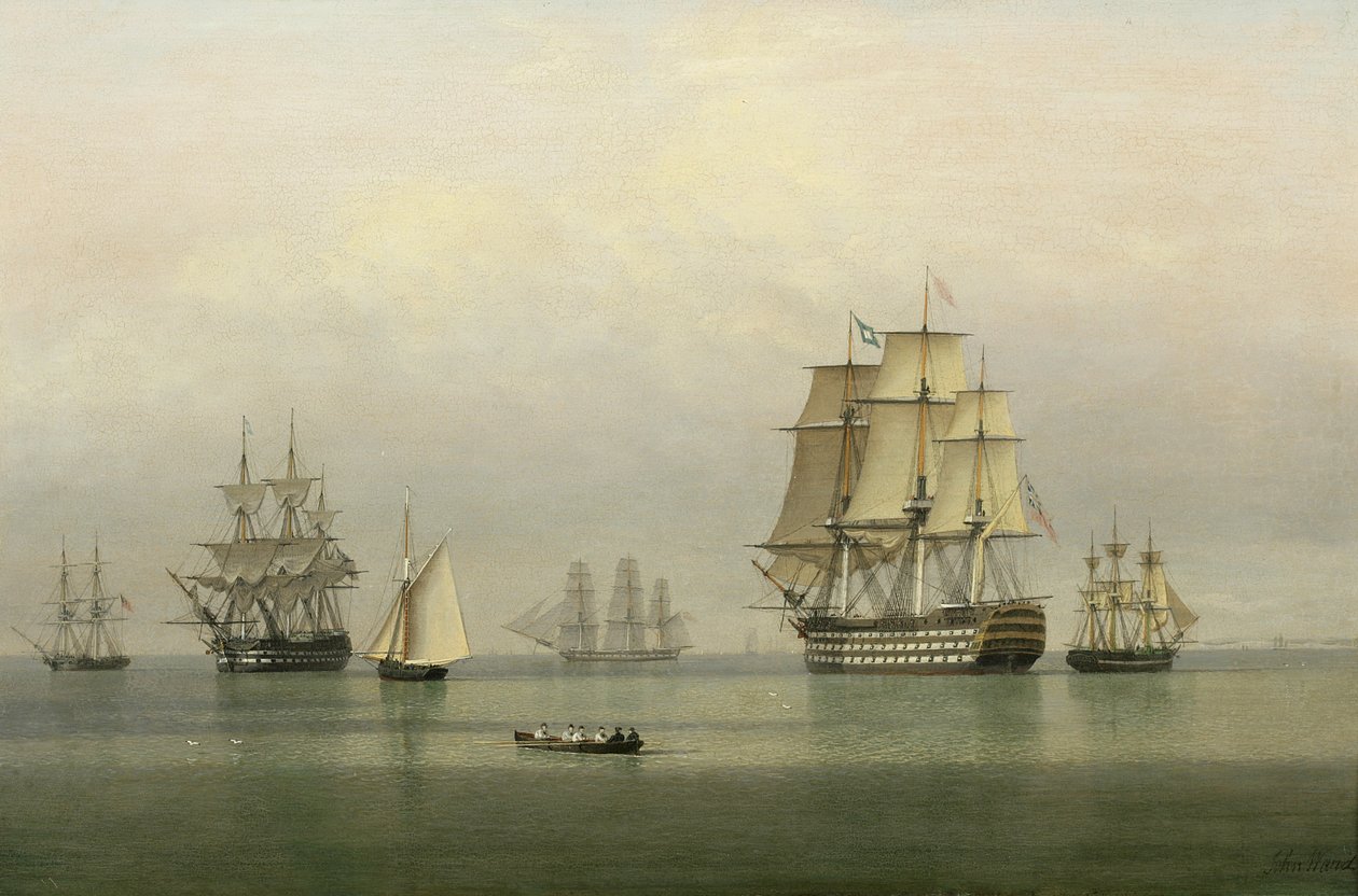 Krigsskibe på et roligt hav af John Ward of Hull