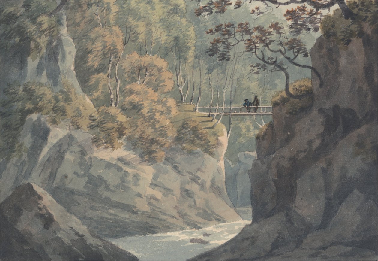 Alpine Bridge and Woodland Scenery near Pistil y Maw af John Warwick Smith