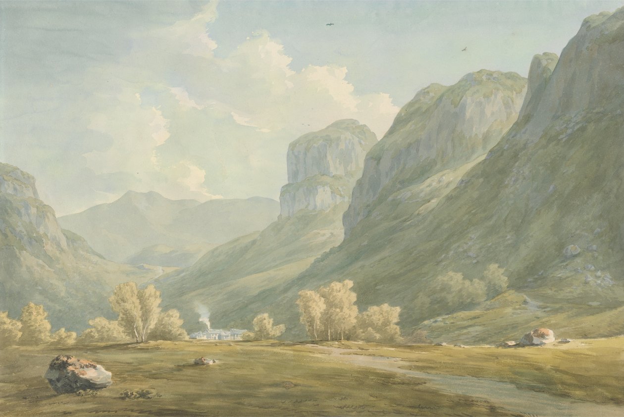 Landsbyen Stonethwaite og Eagle Cragg, Borrowdale af John Warwick Smith