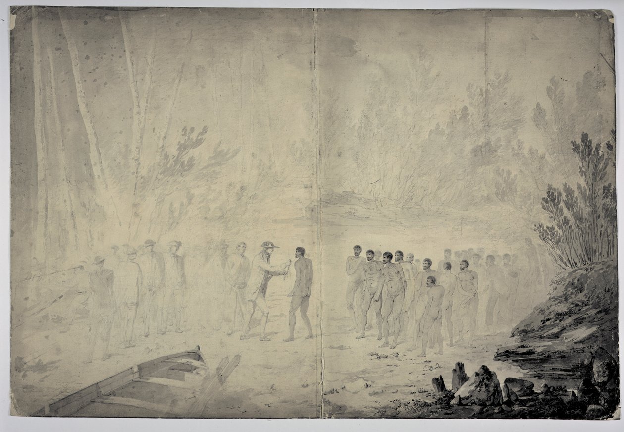 Captain Cooks interview med indfødte i Adventure Bay, Van Diemens Land, 29. januar 1777, ca. 1777 (pen og blæk og grå vask på papir) af John Webber