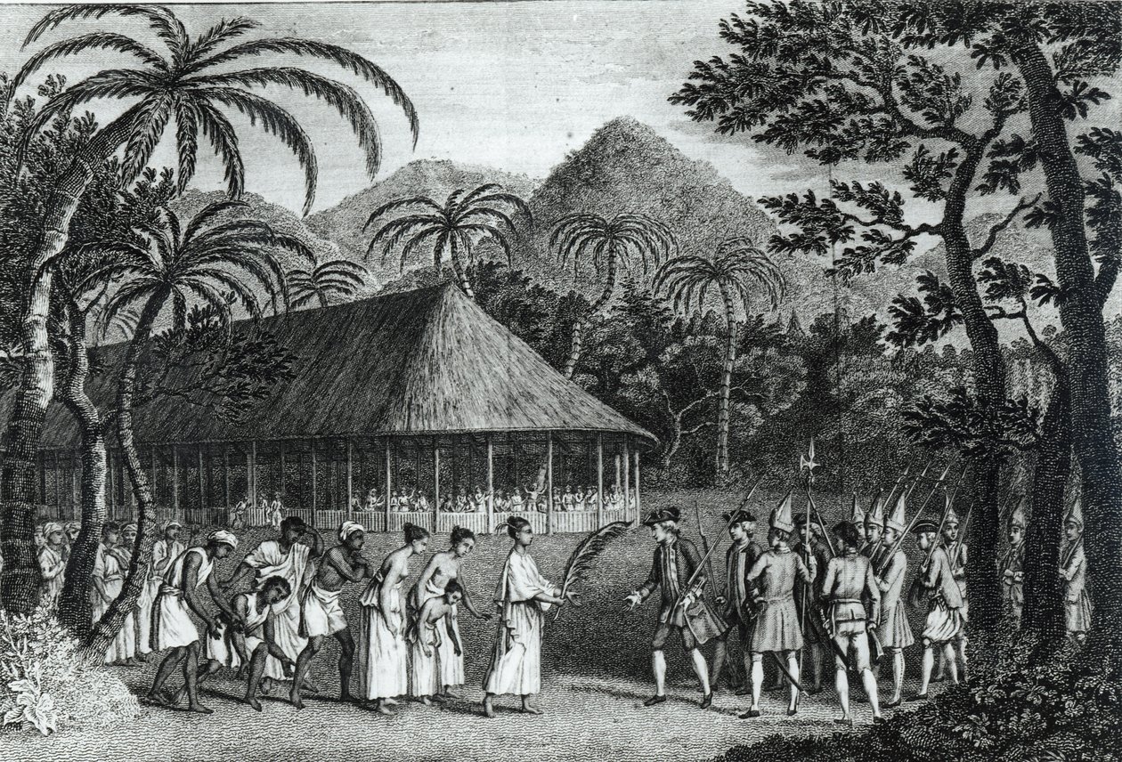 Kaptajn Samuel Wallis (1728-1830) bliver modtaget af dronning Oberea på Tahiti, fra "A Voyage to the Pacific Ocean" af James Cook (1728-79), graveret af John Hall (1739-97) (sw af John Webber