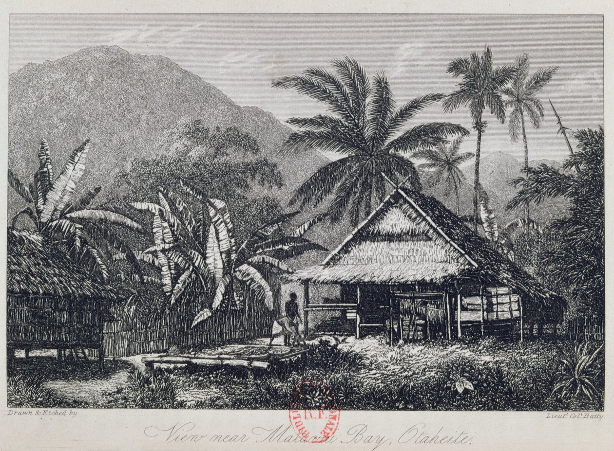 Udsigt nær Matavai Bay, Otaheite, indgraveret af oberstløjtnant Batty, fra en beretning om rejsen med HMS Bounty af John Barrow, 1835 af John Webber