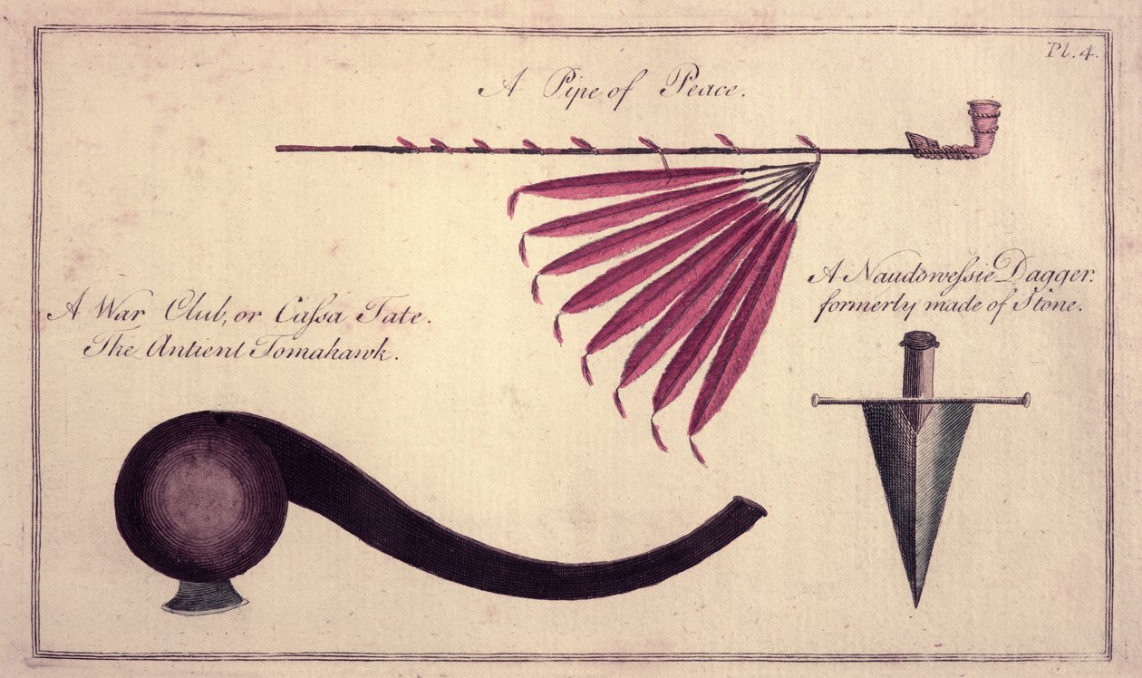 Gammel tomahawk, fredspibe og dolk, ca. 1590 af John White
